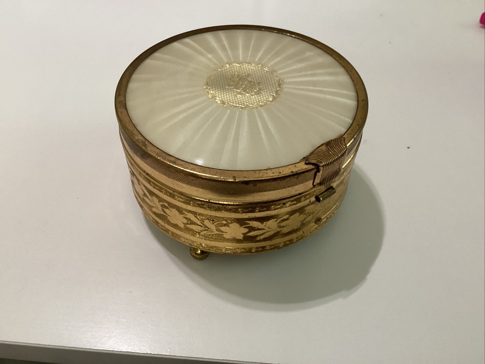 Vintage Hollywood Regency Ornate Gold Round Vanity/Jewelry/Sewing/ Storage Box