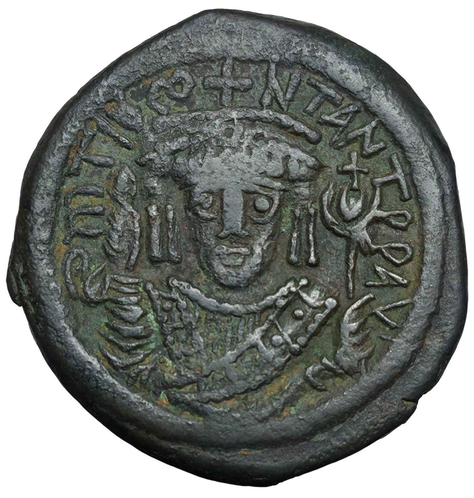 TIBERIUS II CONSTANTINE Æ Follis Constantinople Mint Year-7, 580/581 AD 32mm EF