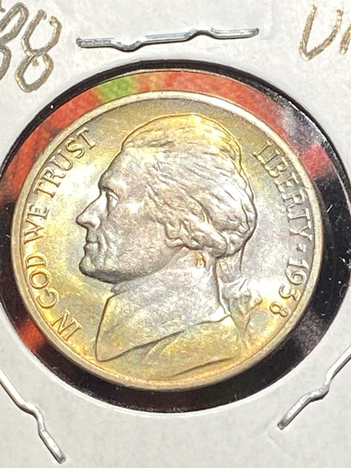 1938 D Jefferson Nickel Uncirculated Halo Toned