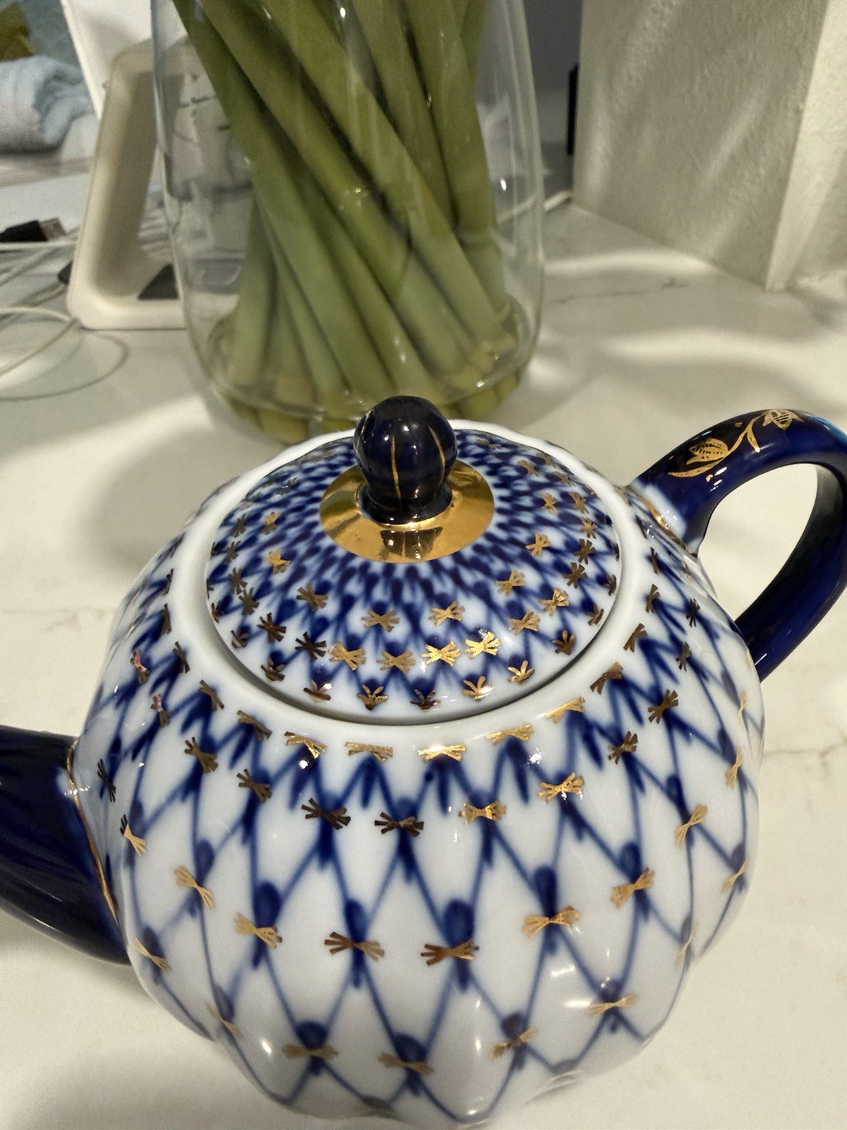 Imperial Russian Lomonosov Porcelain 22K Gold Plated Cobalt Net Teapot 5.5”
