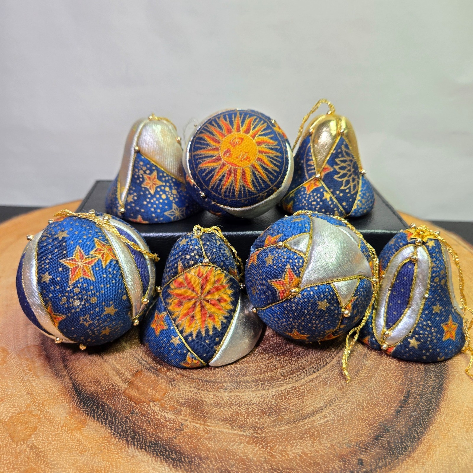 Vintage Whimsy Celestial Ornaments Quilted Set 7 Navy Gold Sun Moon Stars Bells