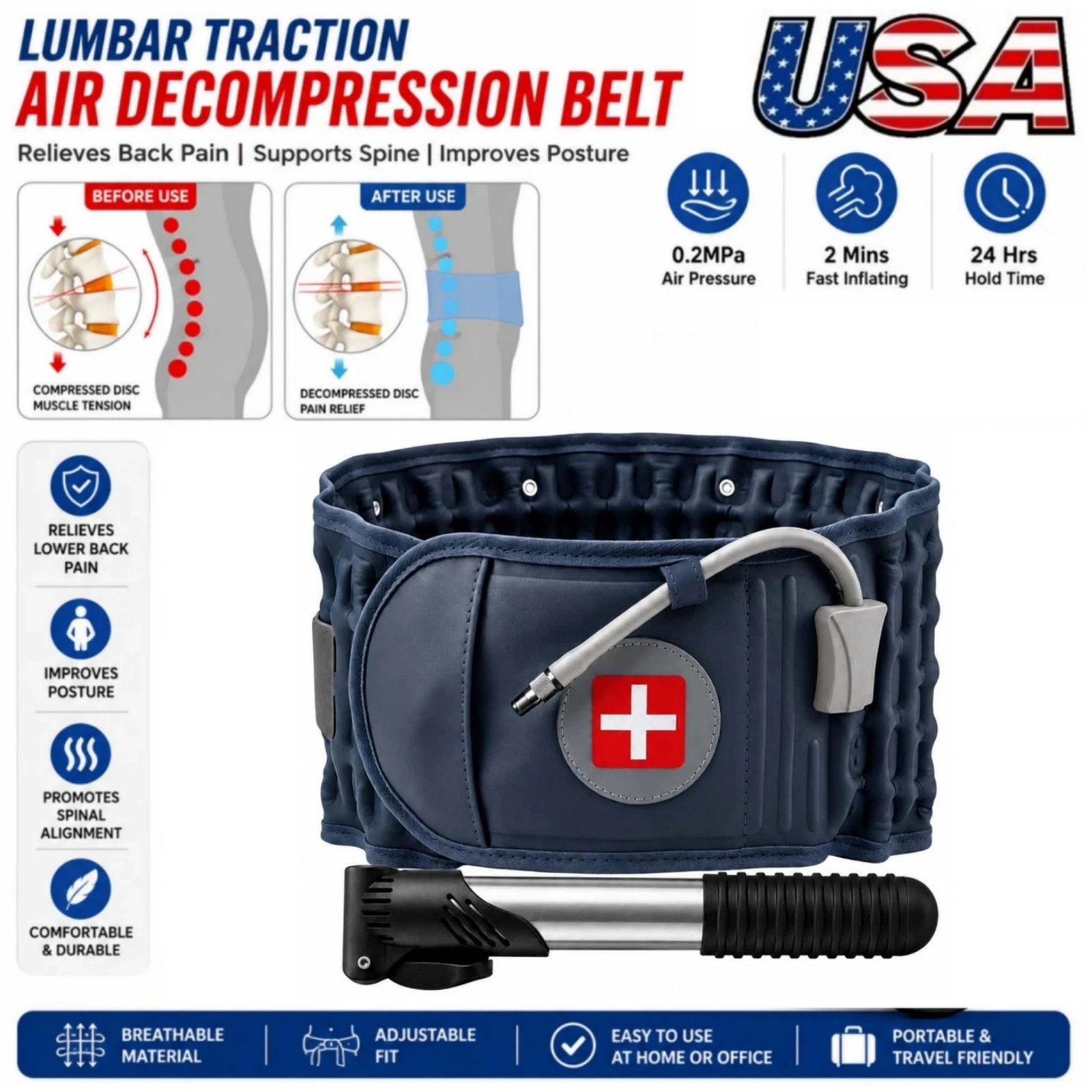 Decompression Belt Back Brace Lumbar Spinal Support Extender Belt Air Traction A