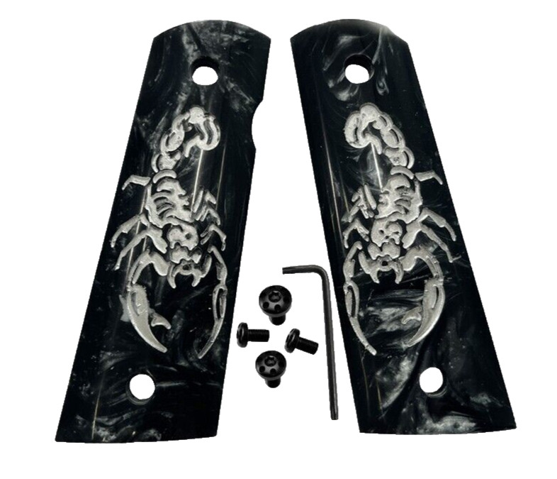 1911 GUN GRIP fits Colt & Clones Full size Black Pearl SCORPION ENGRAVED W/Scews