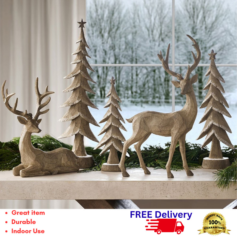5 Pc Rustic Wooden Resin Deer & Christmas Tree Tabletop Decor Set Holiday Mantle