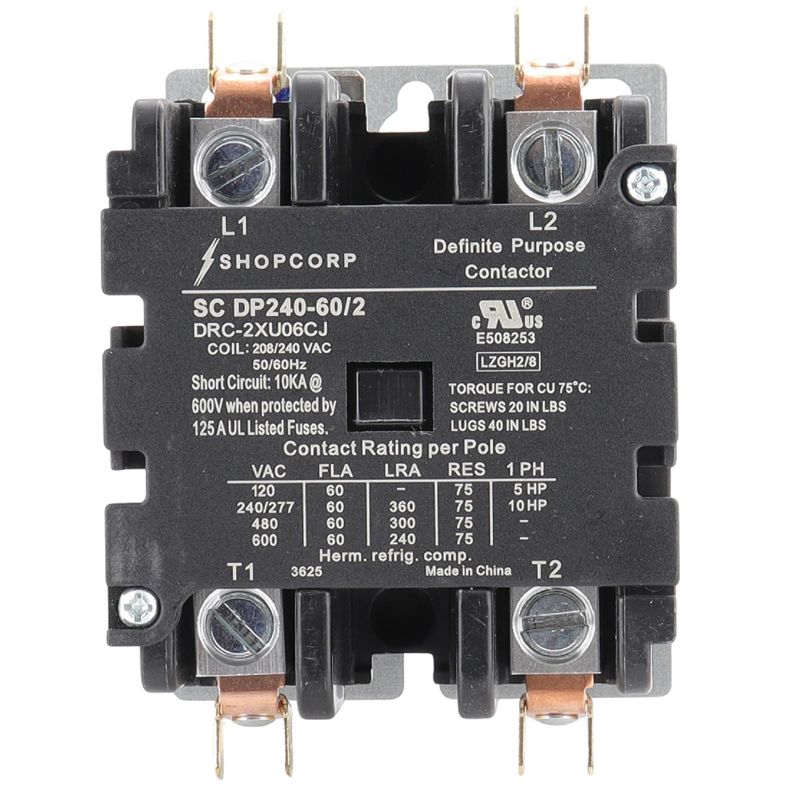 AC Contactor 60 Amp 75 RES 2 Pole 208/240VAC Coil Definite Purpose UL Recognized