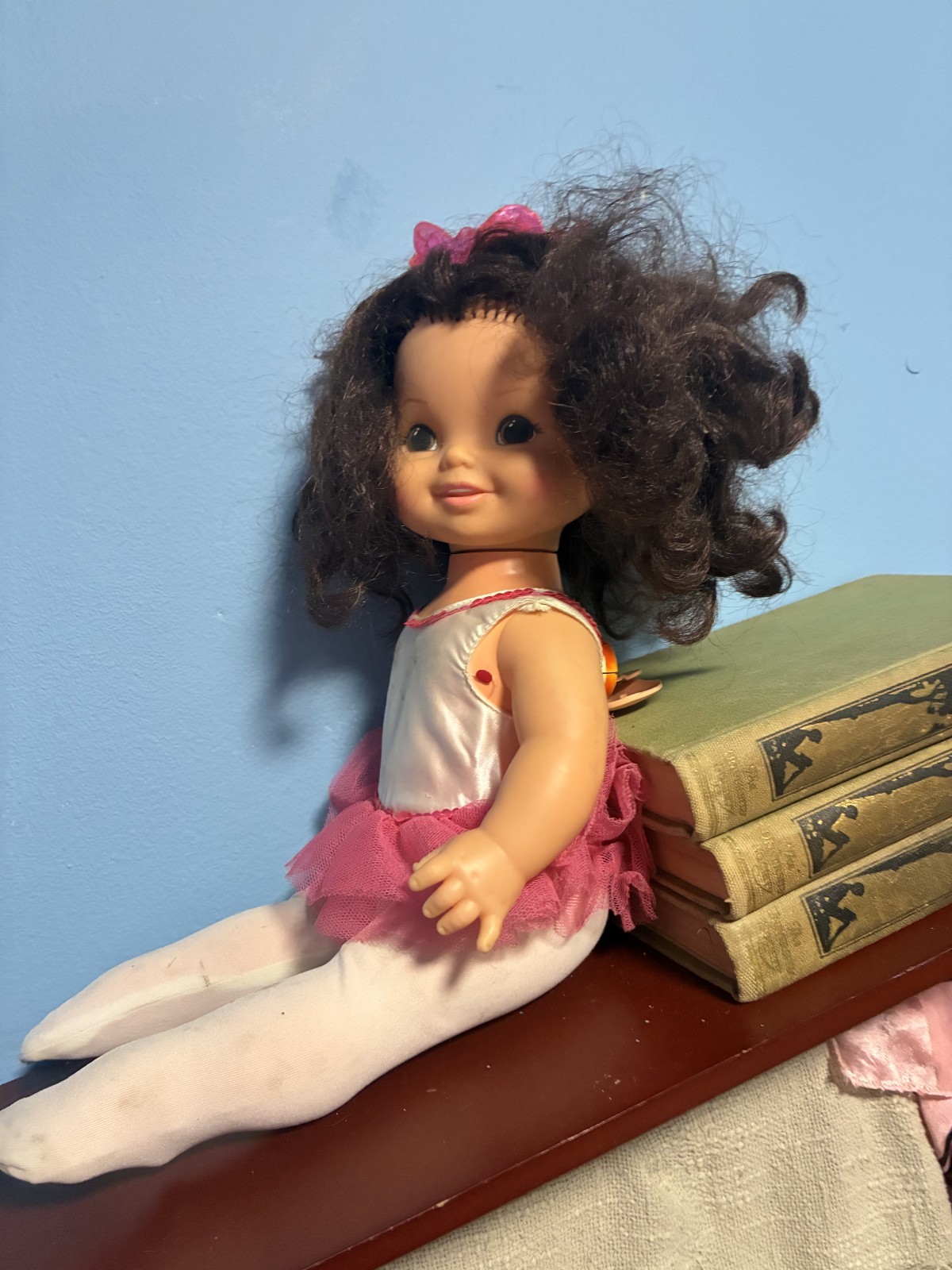 Vintage Brunette Talking Doll Pink Dress Electronic Sound Doll Curly Hair