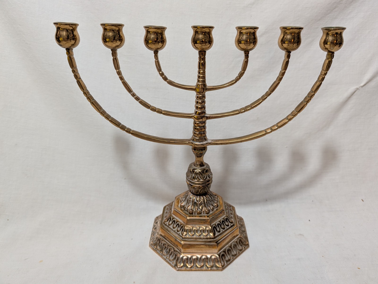 Antique Swedish Brass 7 Branch Menorah with Octagonal Base 1950s-1960s Vintage Antique Swedish Brass 7 Branch Menorah with Octagonal Base 1950s-1960s Vintage