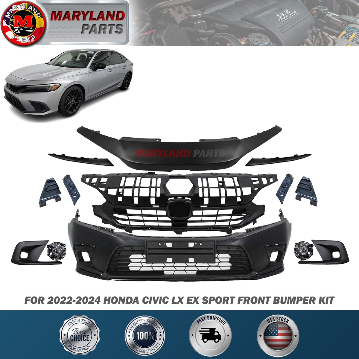 For 2022-2024 Honda Civic LX EX Sport Front Bumper Kit 12 Pieces