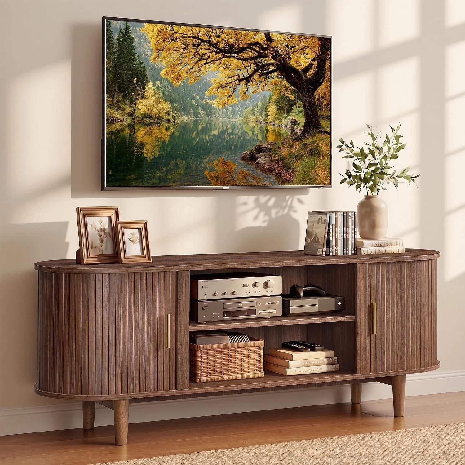 Elegant 58 Inch Mid-Century Entertainment Center with Smart Storage Solutions