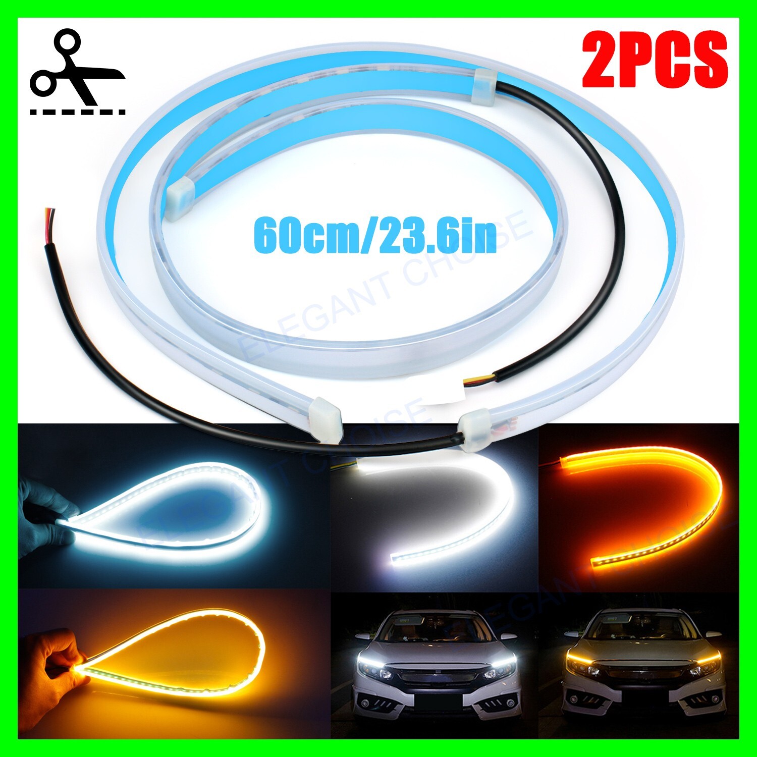 2 x 60CM LED DRL Light Amber Sequential Flexible Turn Signal Strip for Headlight