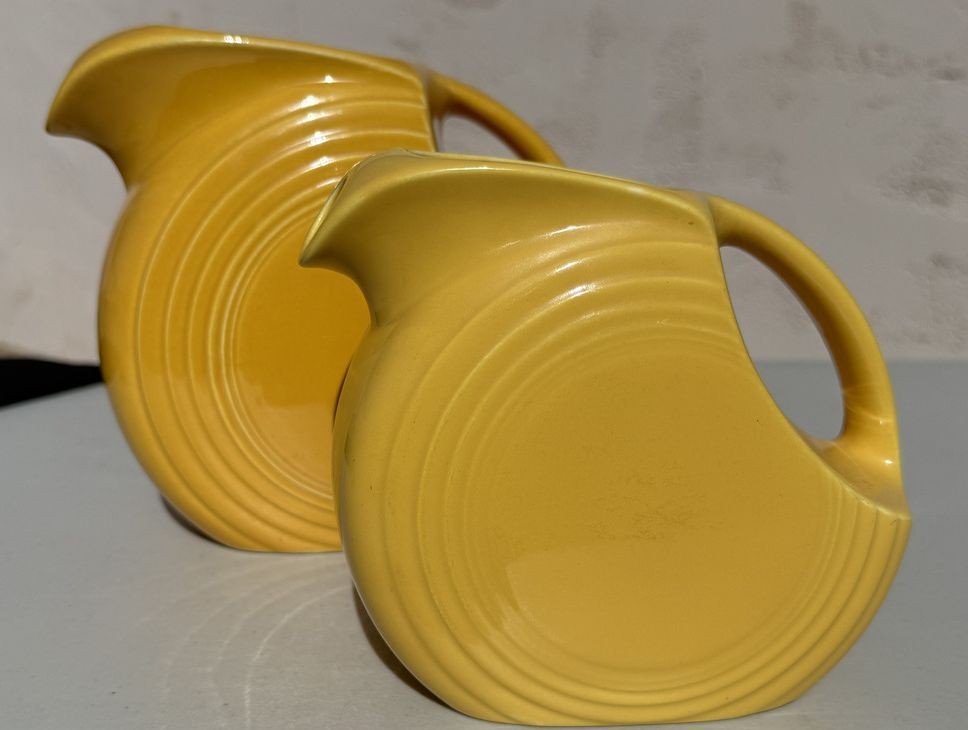 Vintage Fiesta 1 Original Yellow Disk Water & 1 Juice Pitchers Homer Laughlin