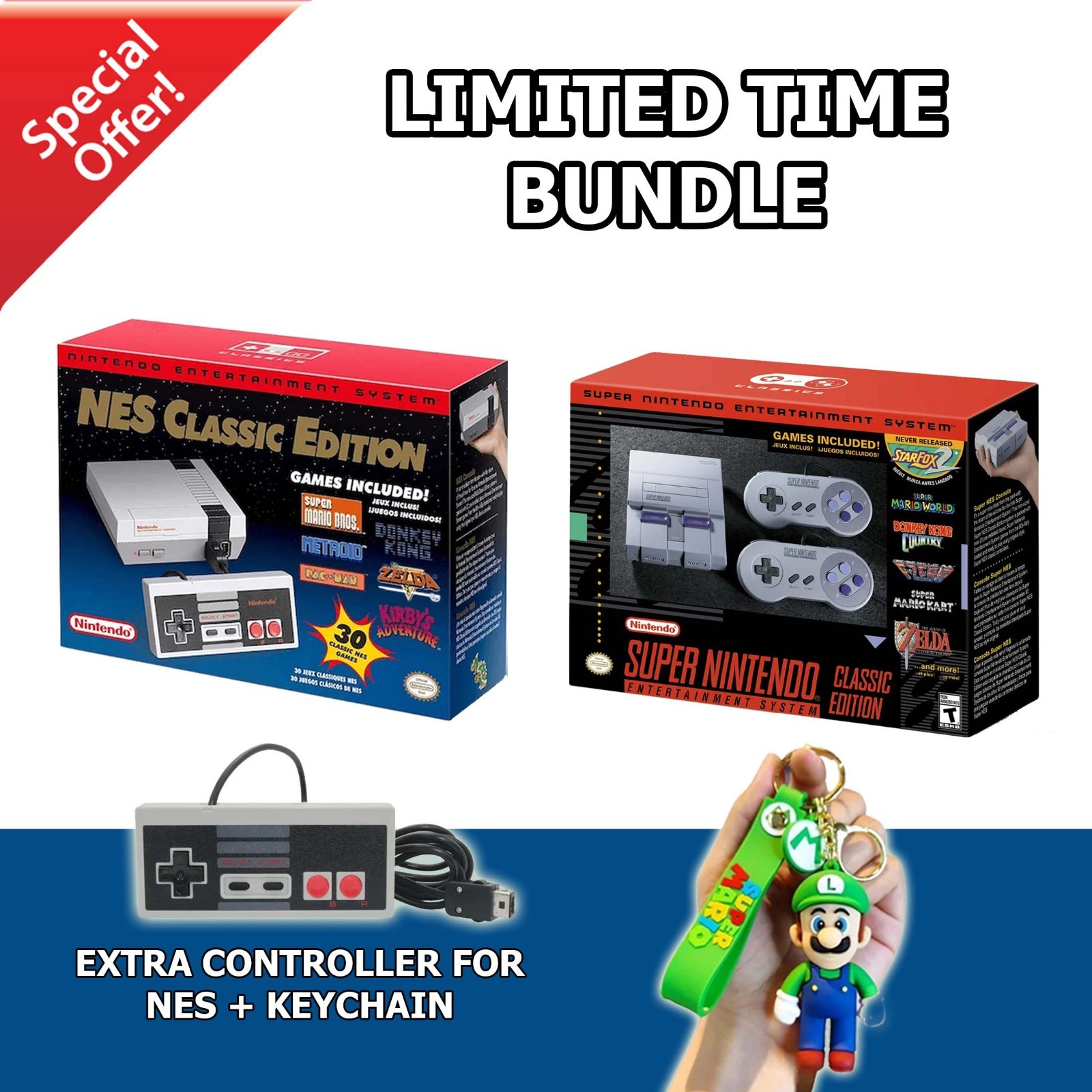 NES and SNES Classic Edition Bundle Extra Controller + Keychain FAST SHIPPING