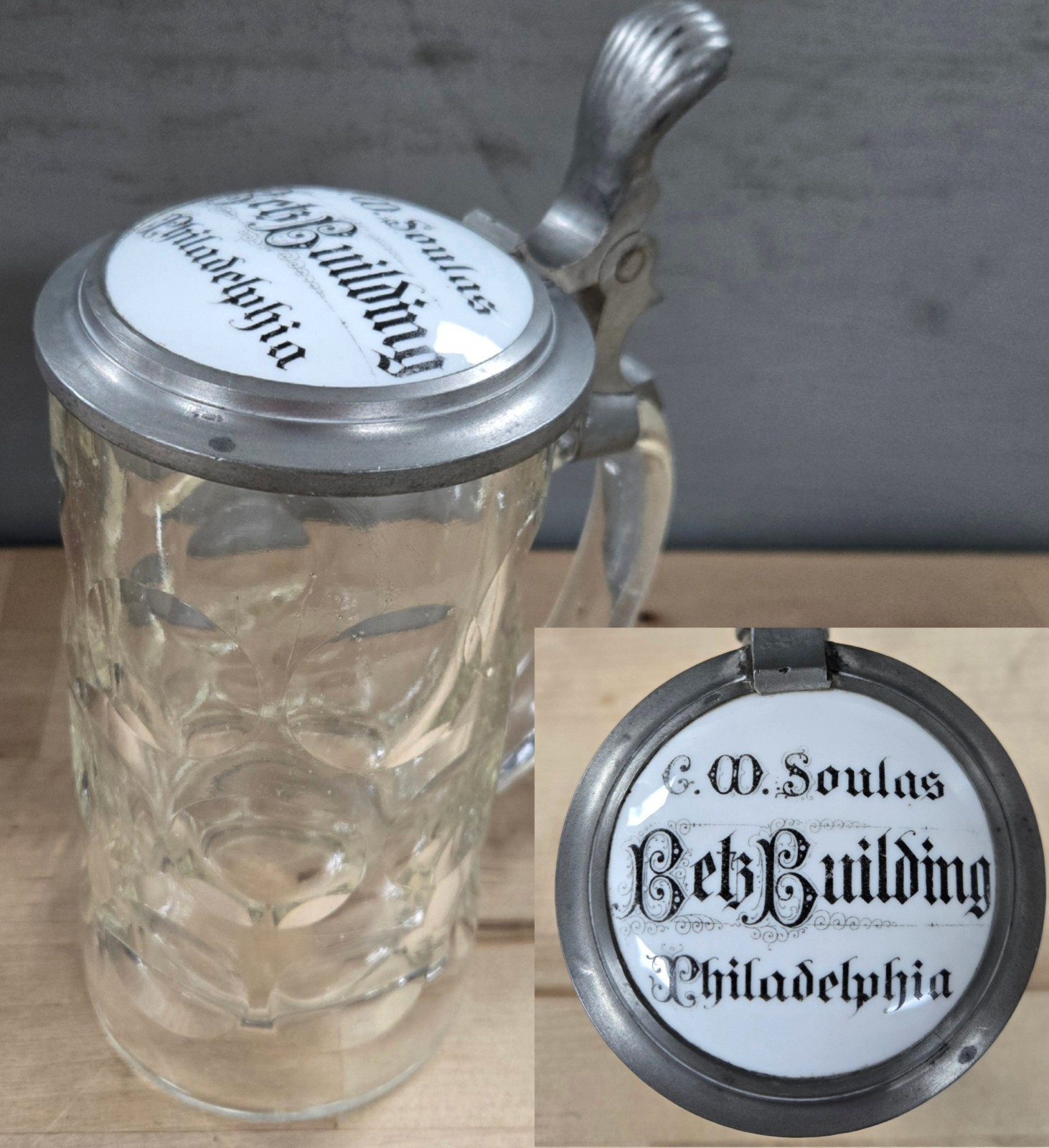 Antique Pre-Prohibition C.W. Soulas Glass Beer Stein Betz Building, Philadelphia