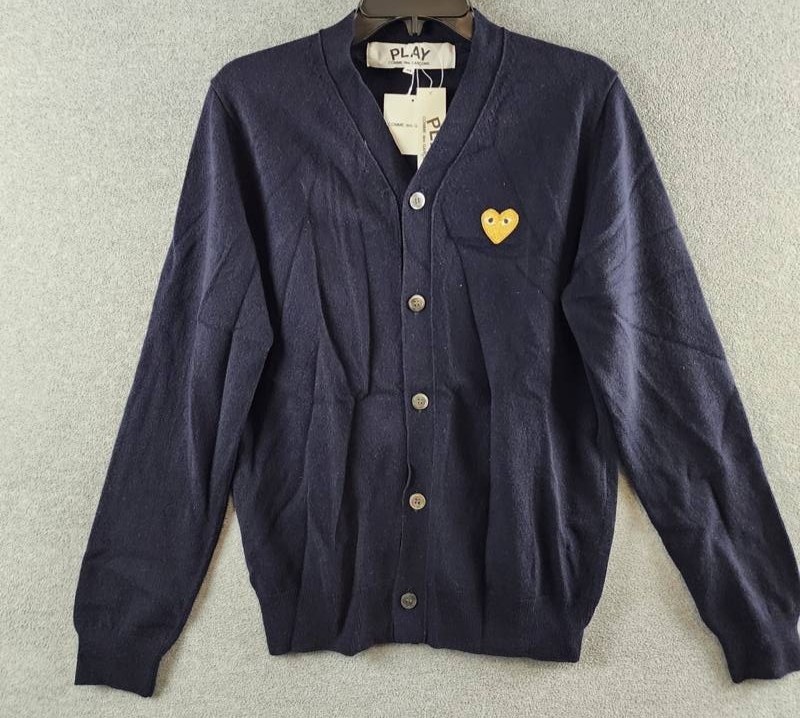 PLAY Comme Des Garcons Gold Heart V-Neck Wool Cardigan Unisex Adults M Navy Blue