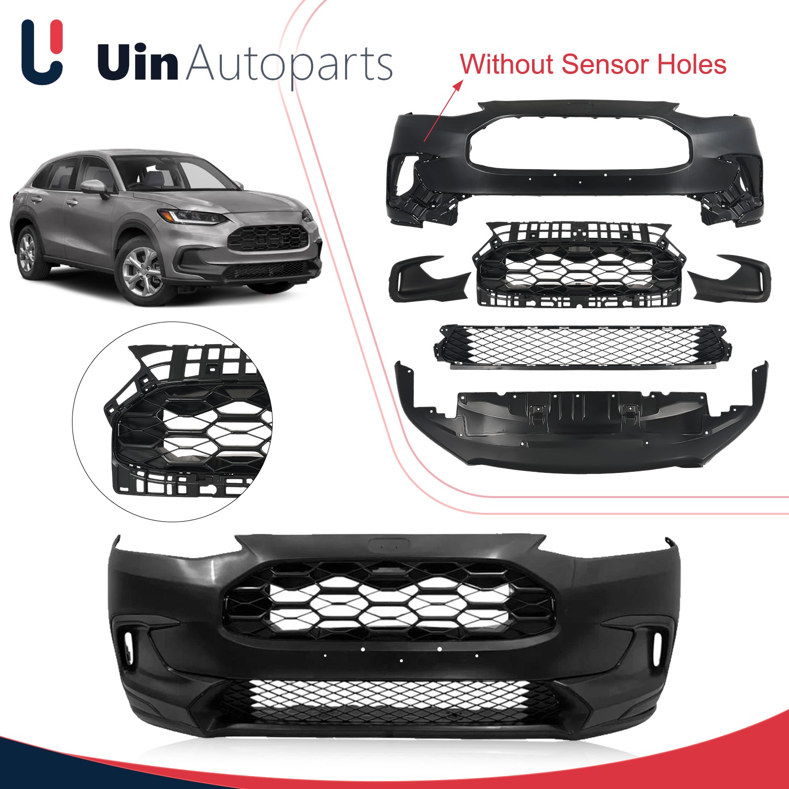 Fit 2023-2024 Honda HRV 6Pcs Front Bumper Grille Complete Kit W/ Fog Light Cover