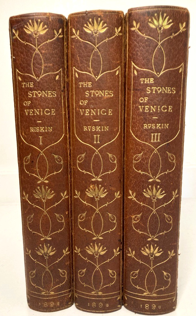 1898 Ruskin STONES OF VENICE 3 Vols Oxford Binding Art Nouveau Gilt Morocco