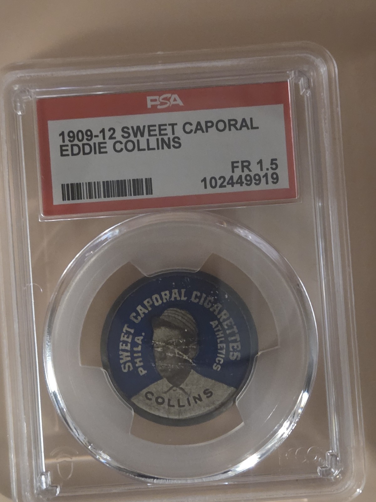 1909–12 Sweet Caporal Eddie Collins Tobacco Pin PSA 1.5 FR Hall of Fame