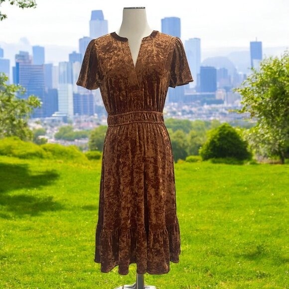 Mystree Brown Velvet Midi Dress Smocked Waist Ruffle Hem Soft Girl Cottagecore S