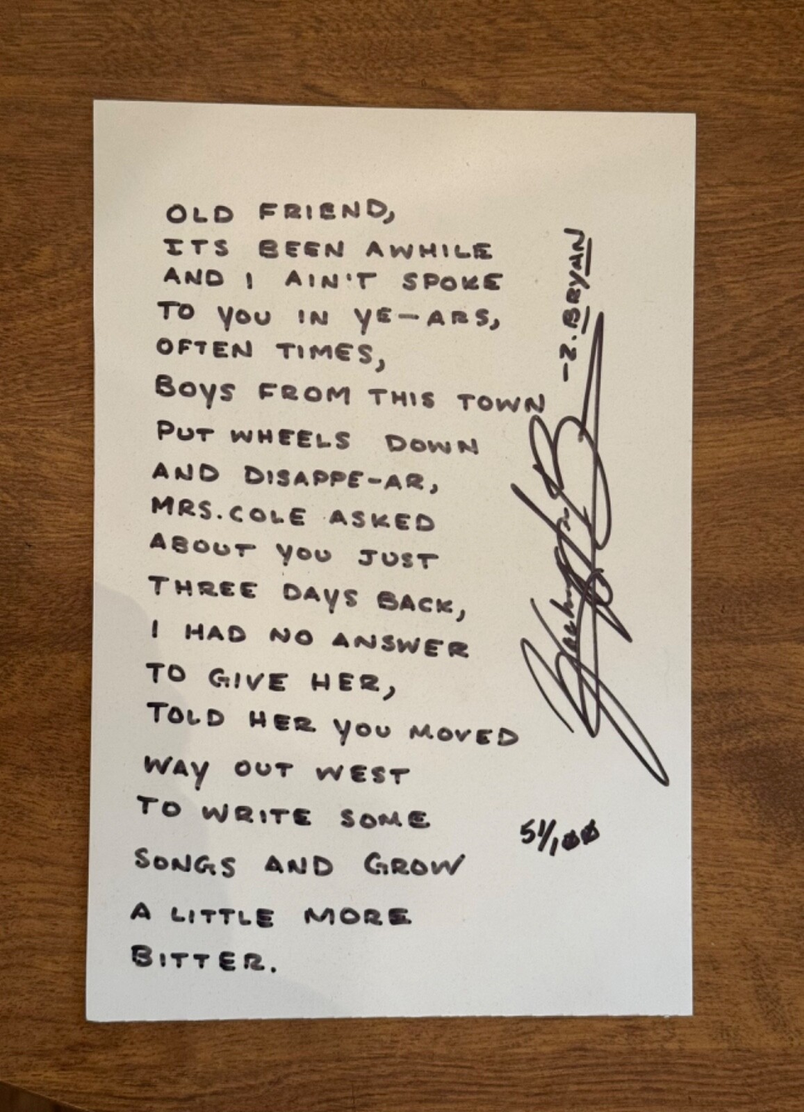 Zach Bryan Handwritten Lyrics And Autographed 51/100 Zach Bryan Handwritten Lyrics And Autographed 51/100