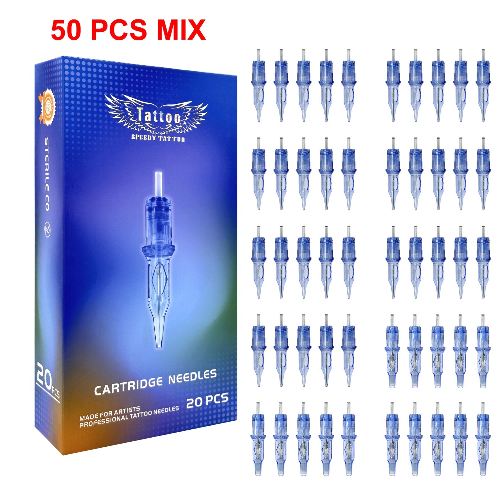 50pcs Tattoo Cartridge Needles Assorted Mixed Sizes 3,5,7,9RL, 5,7,9RS, 5,7,9M1