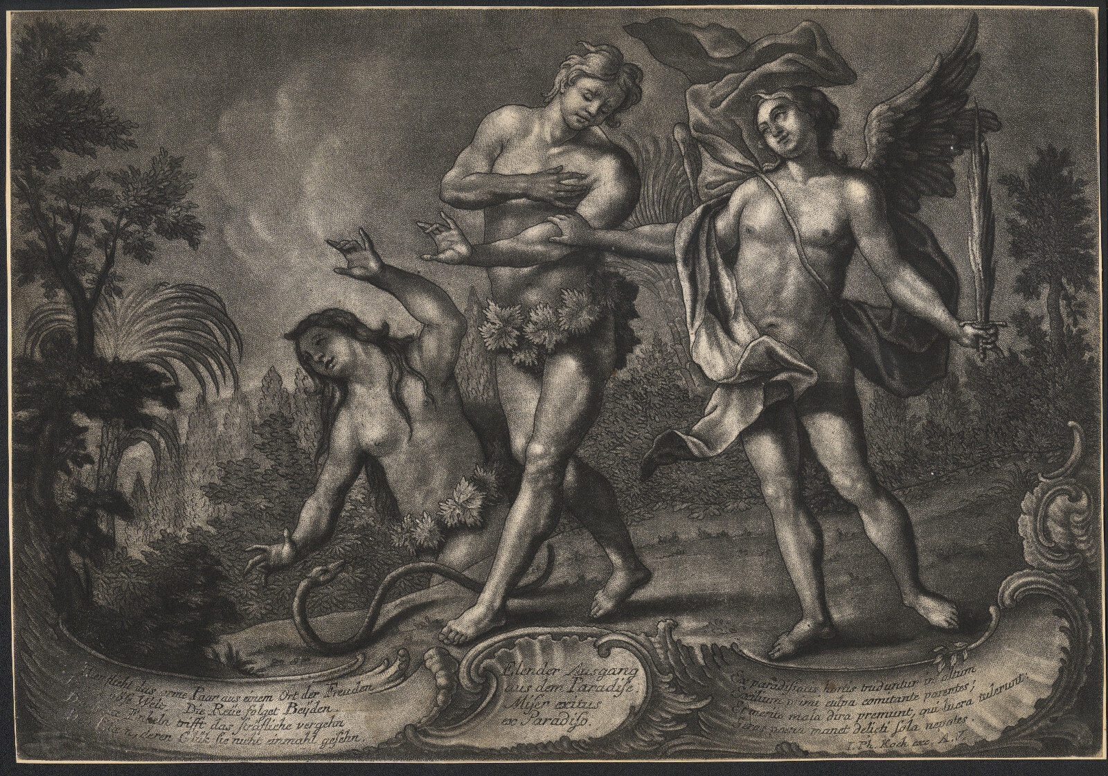 1750 Rare Engraving Adam and Eve Chased From Paradise JP Koch Halfway Genesis