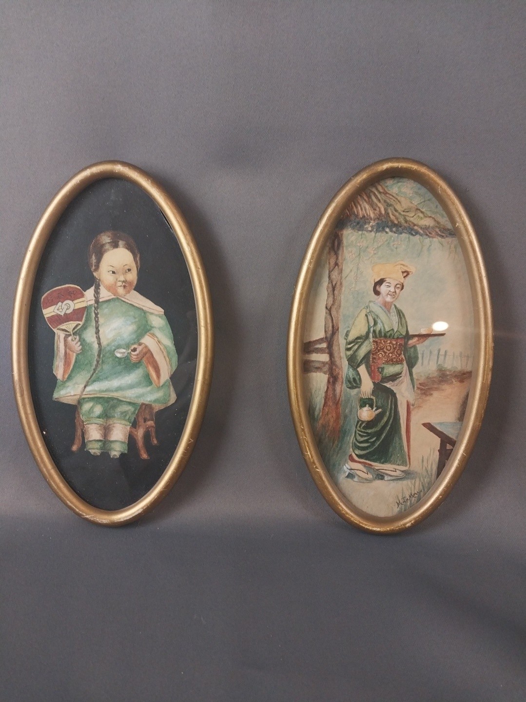 Two Antique Asian Watercolors Ca.1890 original frames, cleaned. Glass Flake Two Antique Asian Watercolors Ca.1890 original frames, cleaned. Glass Flake