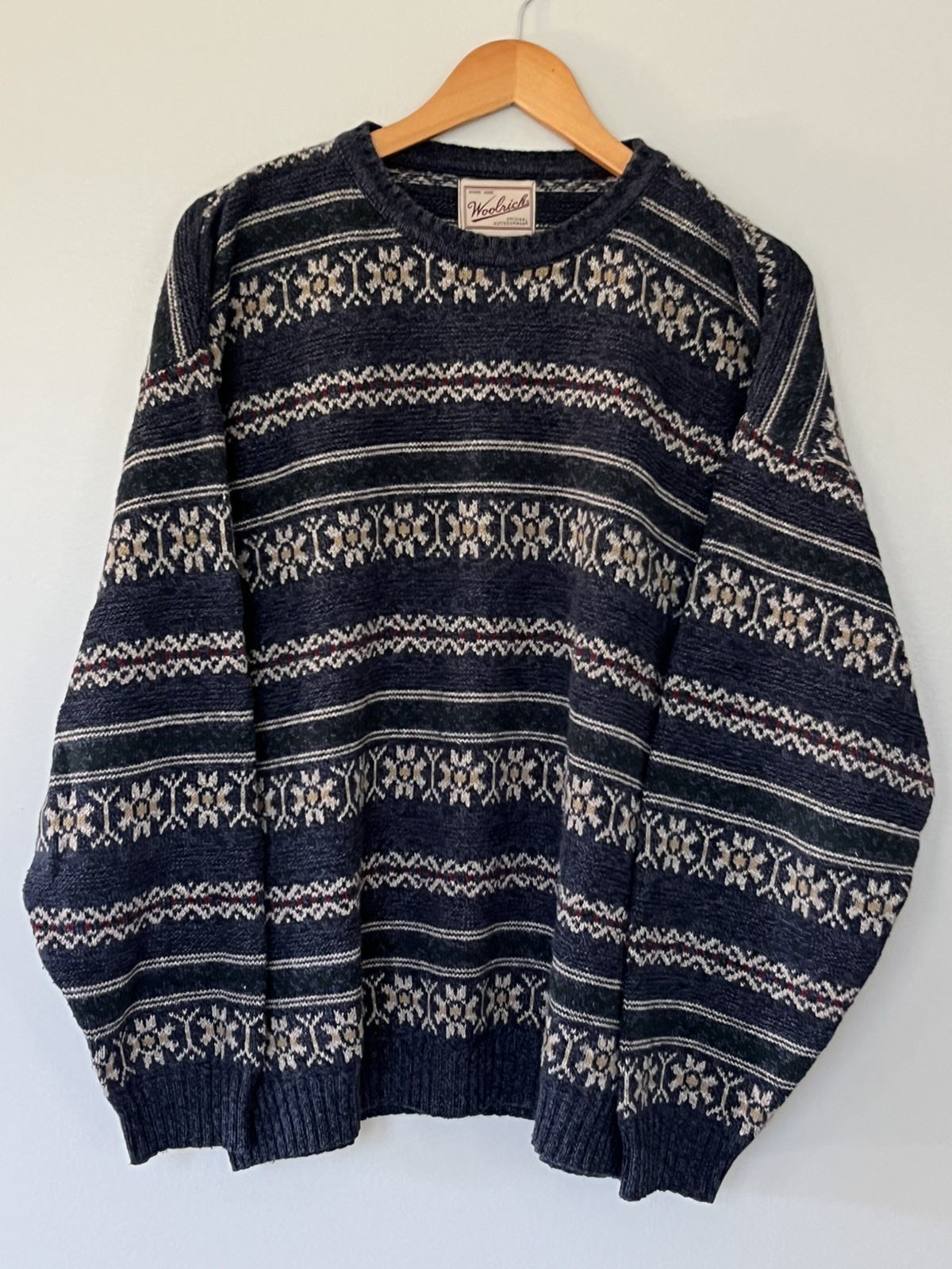 Vintage Woolrich Sweater Mens L Blue Fair Isle Crewneck Knit Cotton Made in USA