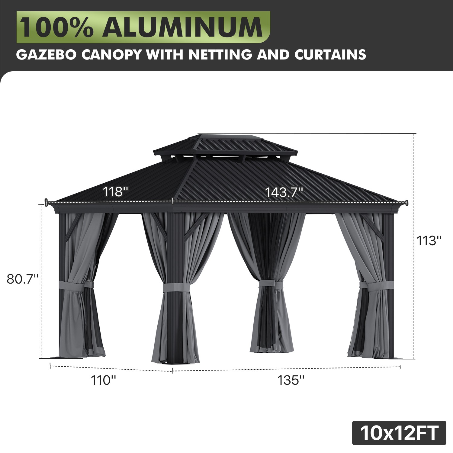 Hardtop Aluminum Gazebo, Double Galvanized Steel Roof with Curtains & Netting