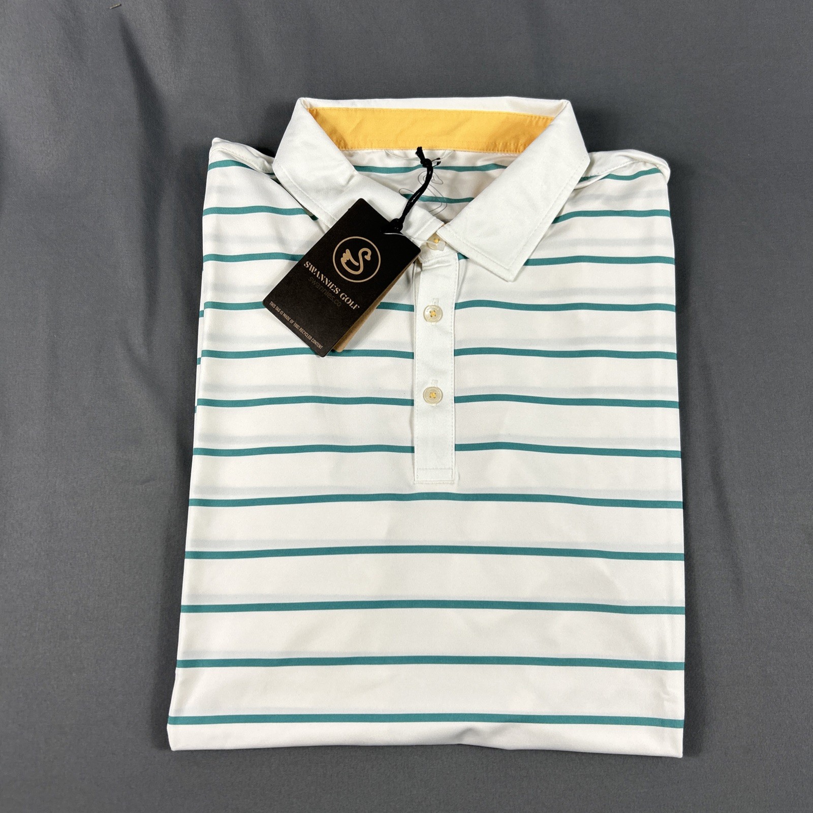 Swannies Golf Shirt Polo Pete Striped Large White Polyester Spandex NWT MSRP $80