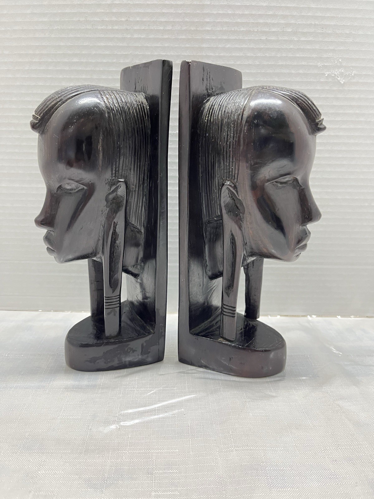 Vintage African Hand Carved Ebony Wood Tribal Bust Bookends Tanganyika Africa Vintage African Hand Carved Ebony Wood Tribal Bust Bookends Tanganyika Africa