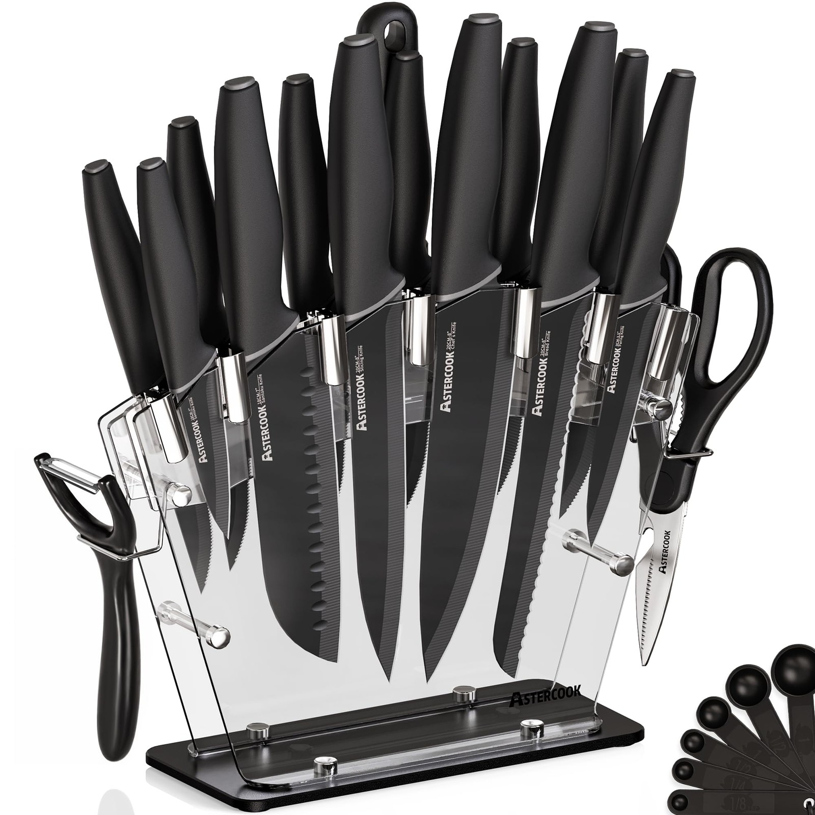 Knife Set 22Pcs Black Clear Block Sharpener Included Astercook Knife Set 22Pcs Black Clear Block Sharpener Included Astercook