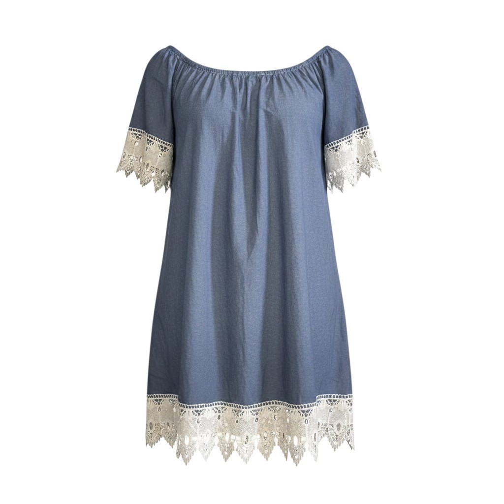 Mlle Gabrielle Womens Boho Chambray Off Shoulder Shift Dress Blue 3X Lace