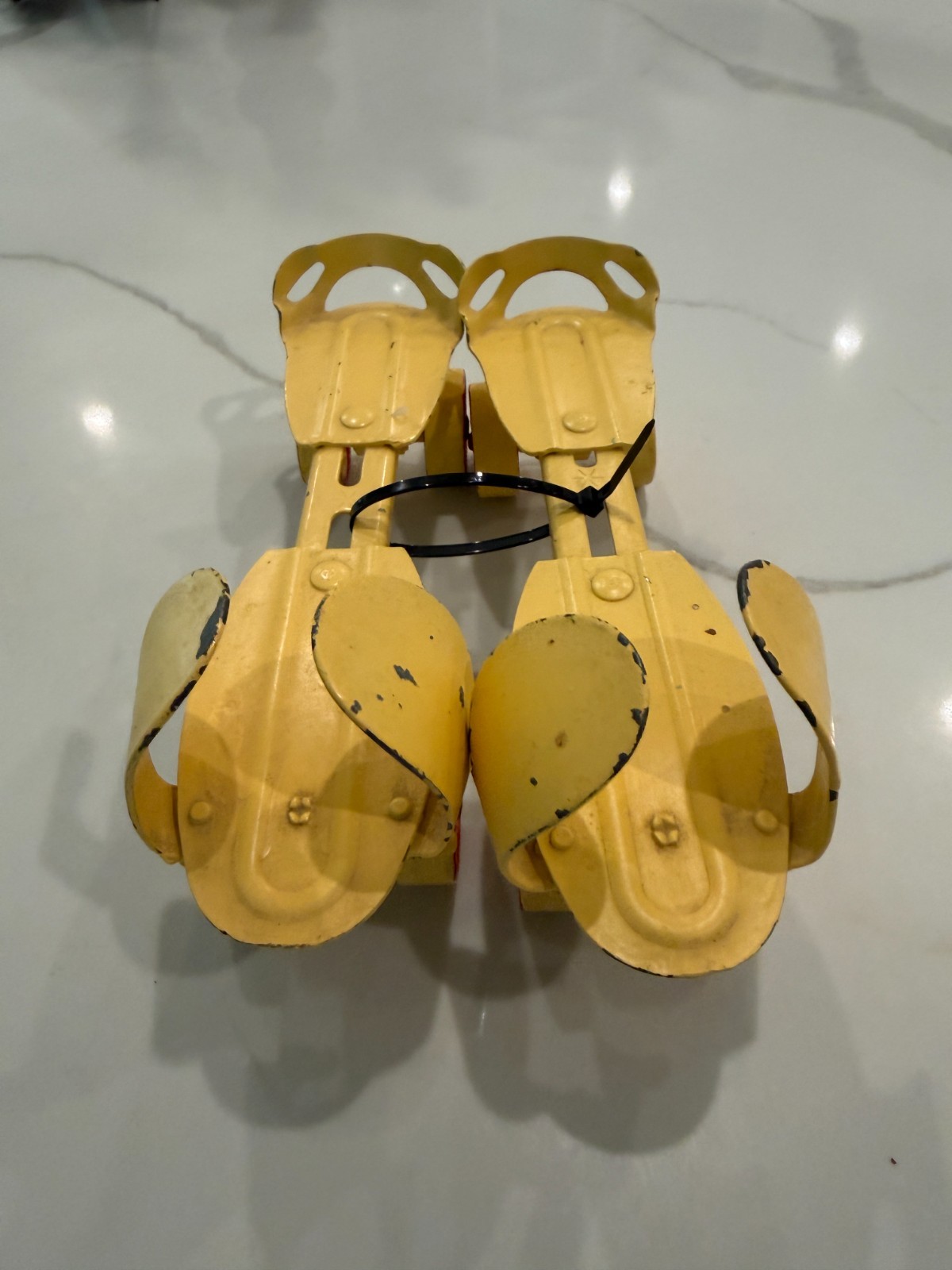 Vintage 50s Yellow Metal Clamp-On Roller Skates Adjustable Red Trim Wheels