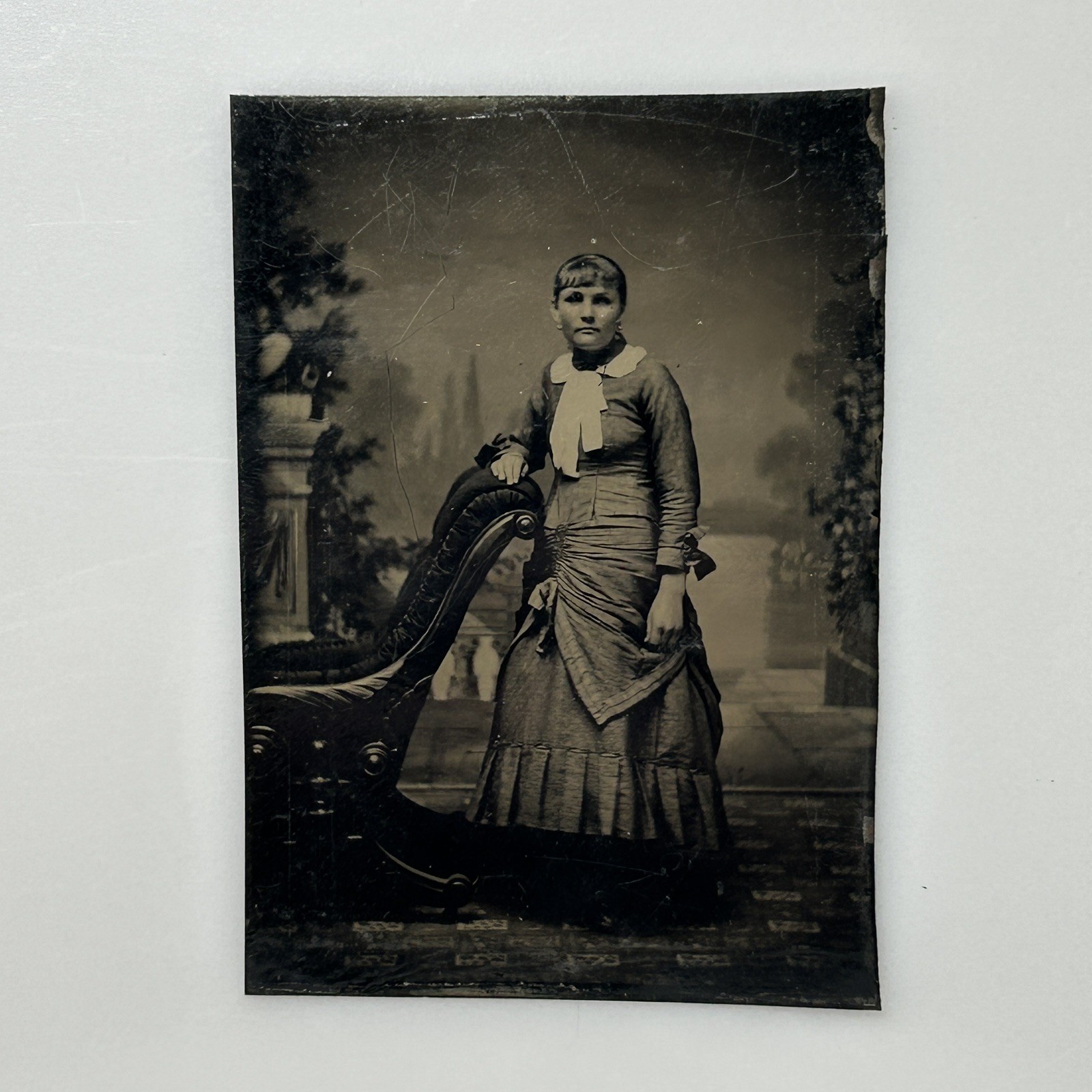 Antique 1800s Tintype Photo Woman Full Length Victorian Dress White Bow Portrait