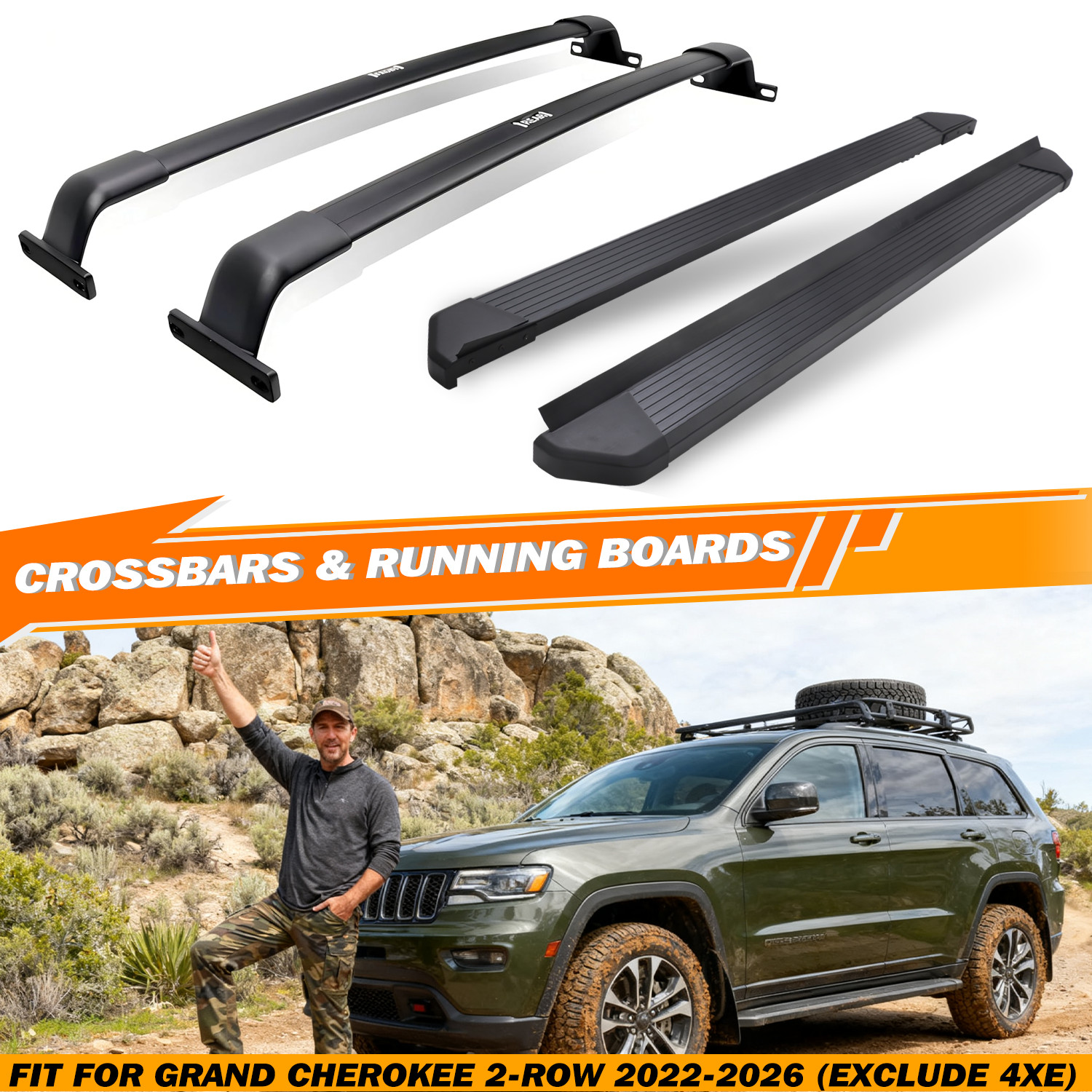 220lbs Roof Rack & Running Board for Grand Cherokee 2-Row 2022-2026 Exclude 4xe