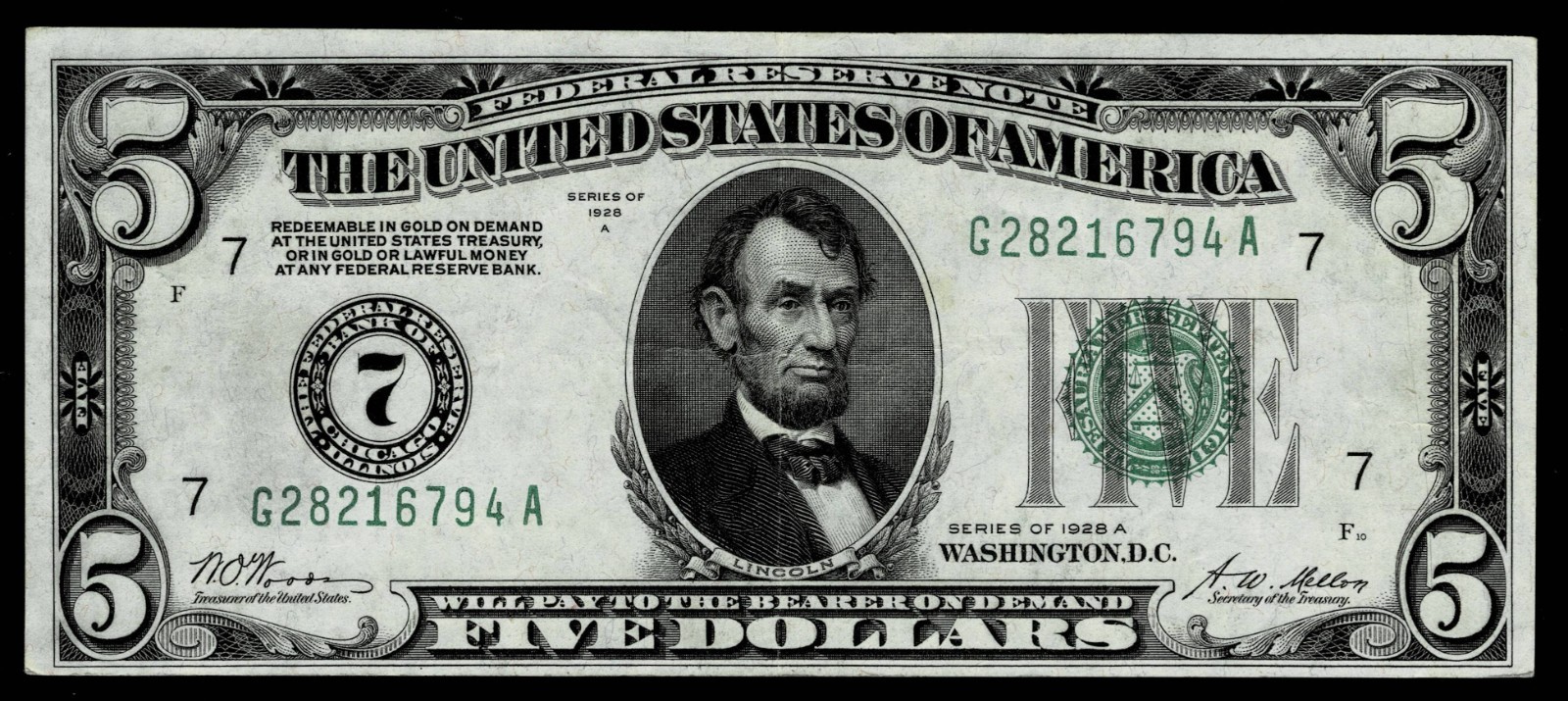 1928-A $5 DOLLAR FEDERAL RESERVE NOTE~~CHICAGO EXTREMELY FINE 1928-A $5 DOLLAR FEDERAL RESERVE NOTE~~CHICAGO EXTREMELY FINE