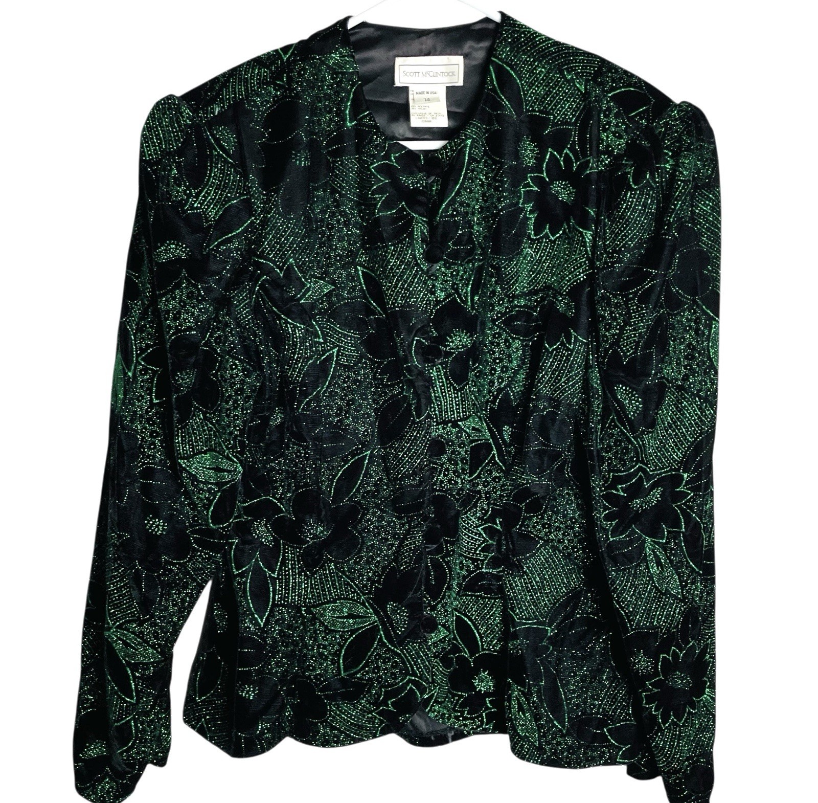 Vtg Scott McClintock Womens Glitter Jacket Size 14 Green Floral Velvet Peplum
