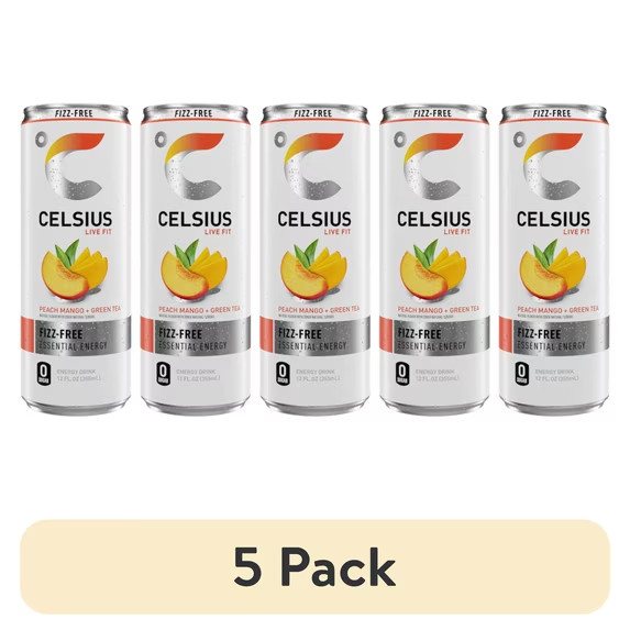 5 pack Celsius Essential Energy Drink 12 fl oz, Peach Mango Green Tea