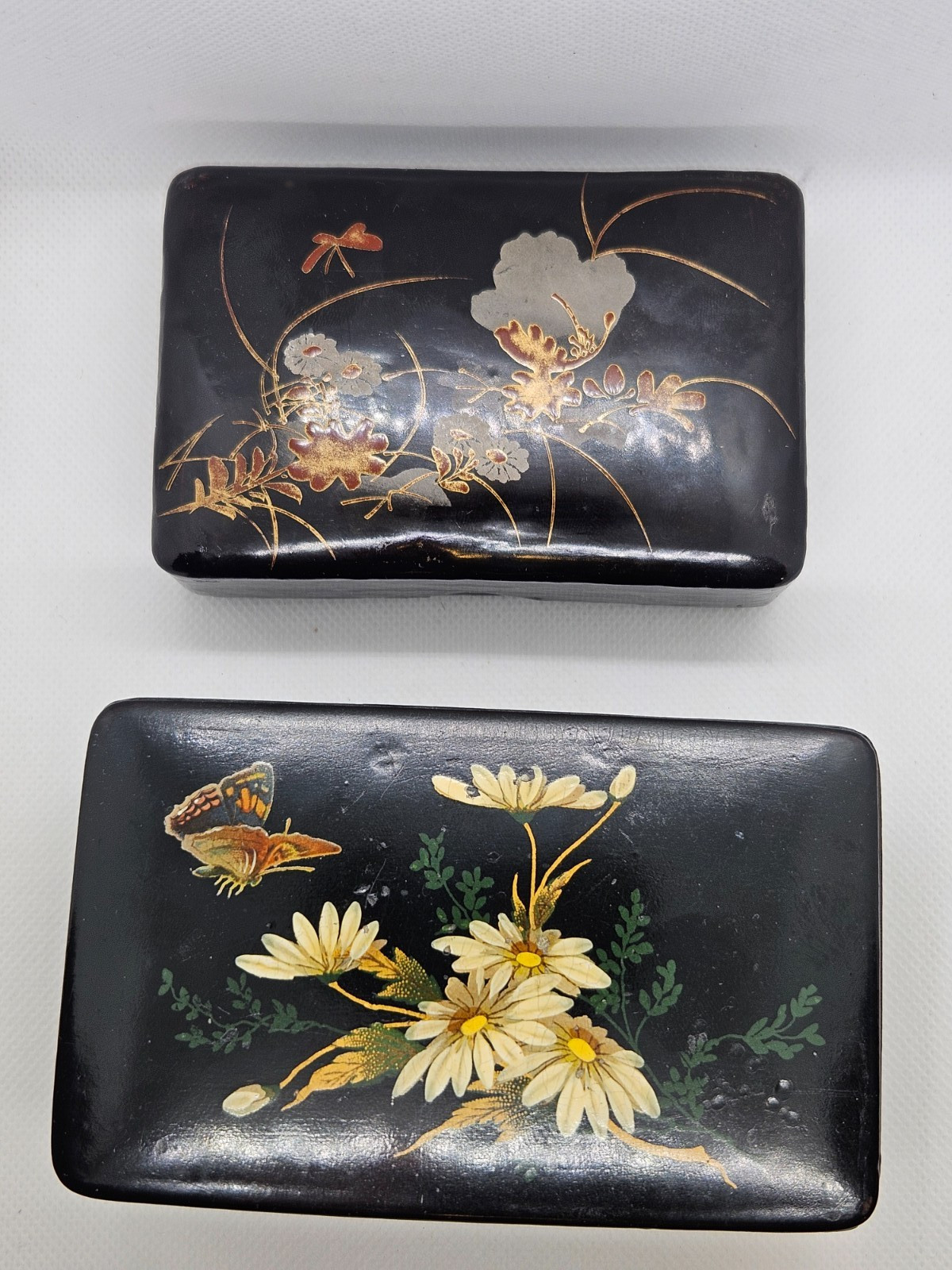 Antique Japanese Lacquered Boxes – Floral, Butterfly & Dragonfly Decoration Pair
