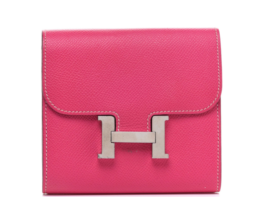 HERMES Epsom Constance Short Wallet Card Purse Case Rose Tyrien Pink  Palladium