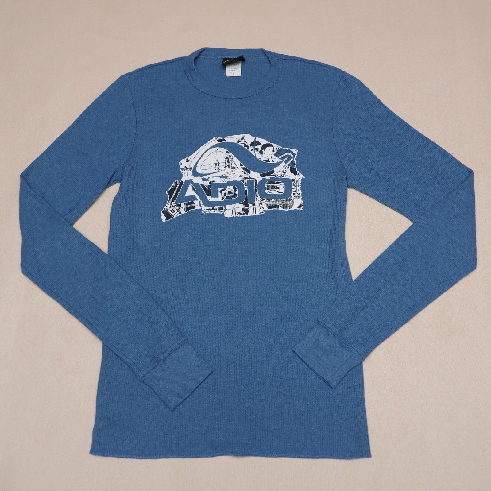Y2K Adio Thermal Shirt Mens Small Blue Graphic Waffle Knit Skate Long Sleeve Y2K Adio Thermal Shirt Mens Small Blue Graphic Waffle Knit Skate Long Sleeve