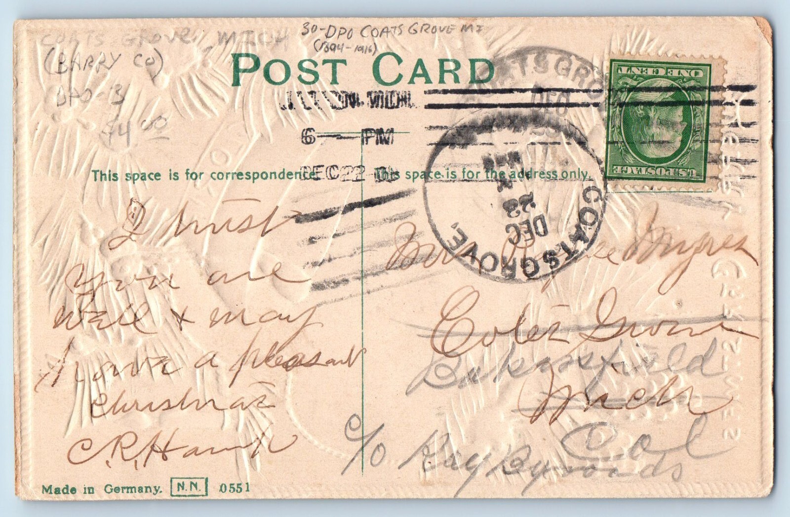 DPO (1894-1916) Coast Grove MI Postcard Christmas Ringing Bell Pinecone Embossed