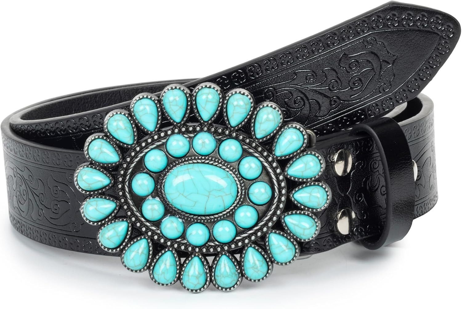 UTOWO Western Cowgirl Belt for Women,Vintage Engraved Tooled Leather Belt Turquo