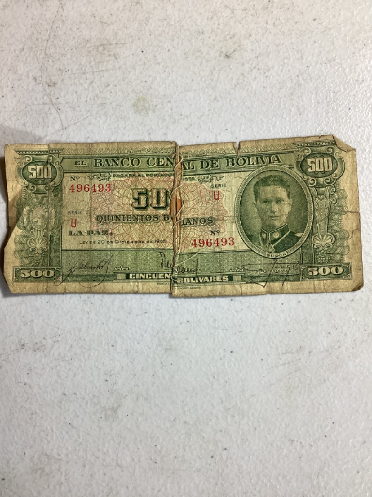 1945 BOLIVIA 500 BOLIVANOS BANKNOTE Poor Condition 1945 BOLIVIA 500 BOLIVANOS BANKNOTE Poor Condition