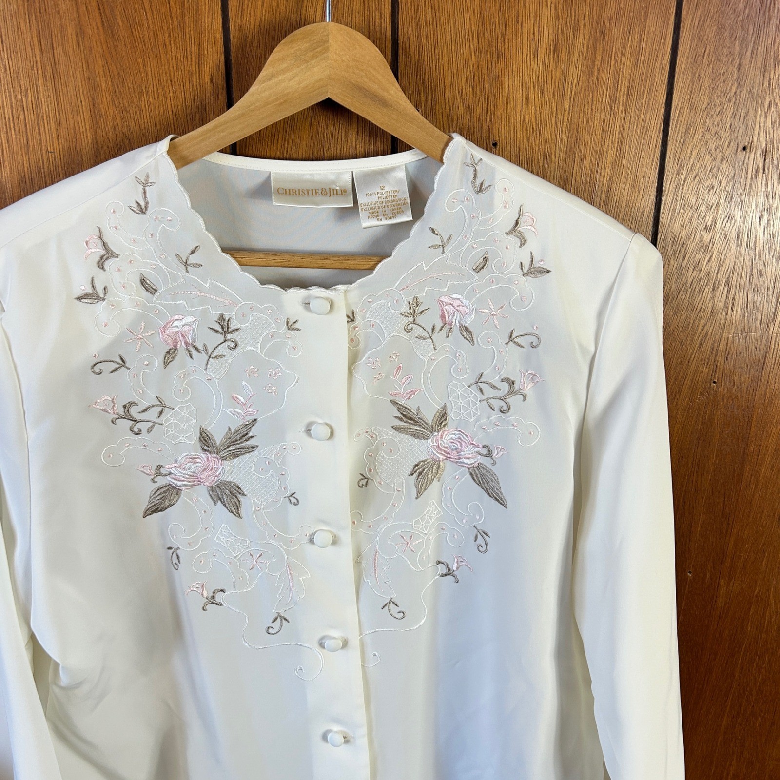 Vintage Christie & Jill Vintage Cream Embroidered Floral Blouse Cottagecore