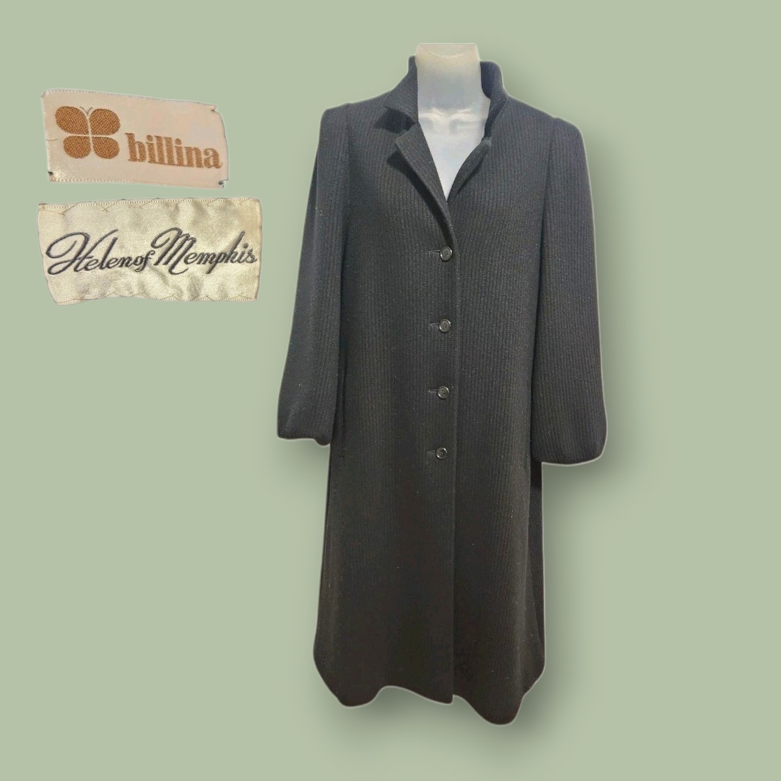 Vtg Billina Black Wool Blend Rib Knit Long Coat 6 Helen of Memphis Mod 60s 70s