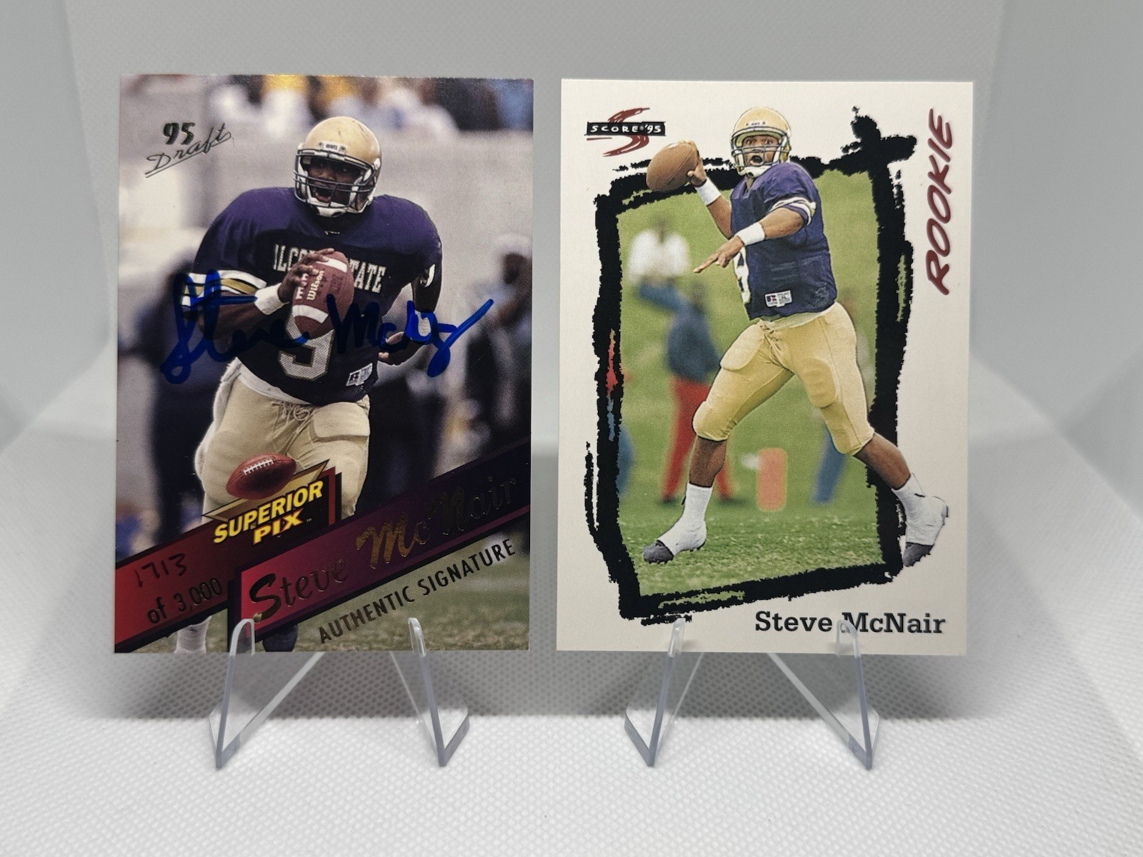 Steve McNair 1995 Superior Pix /3000 On Card Auto + Oilers Score Rookie Card Steve McNair 1995 Superior Pix /3000 On Card Auto + Oilers Score Rookie Card