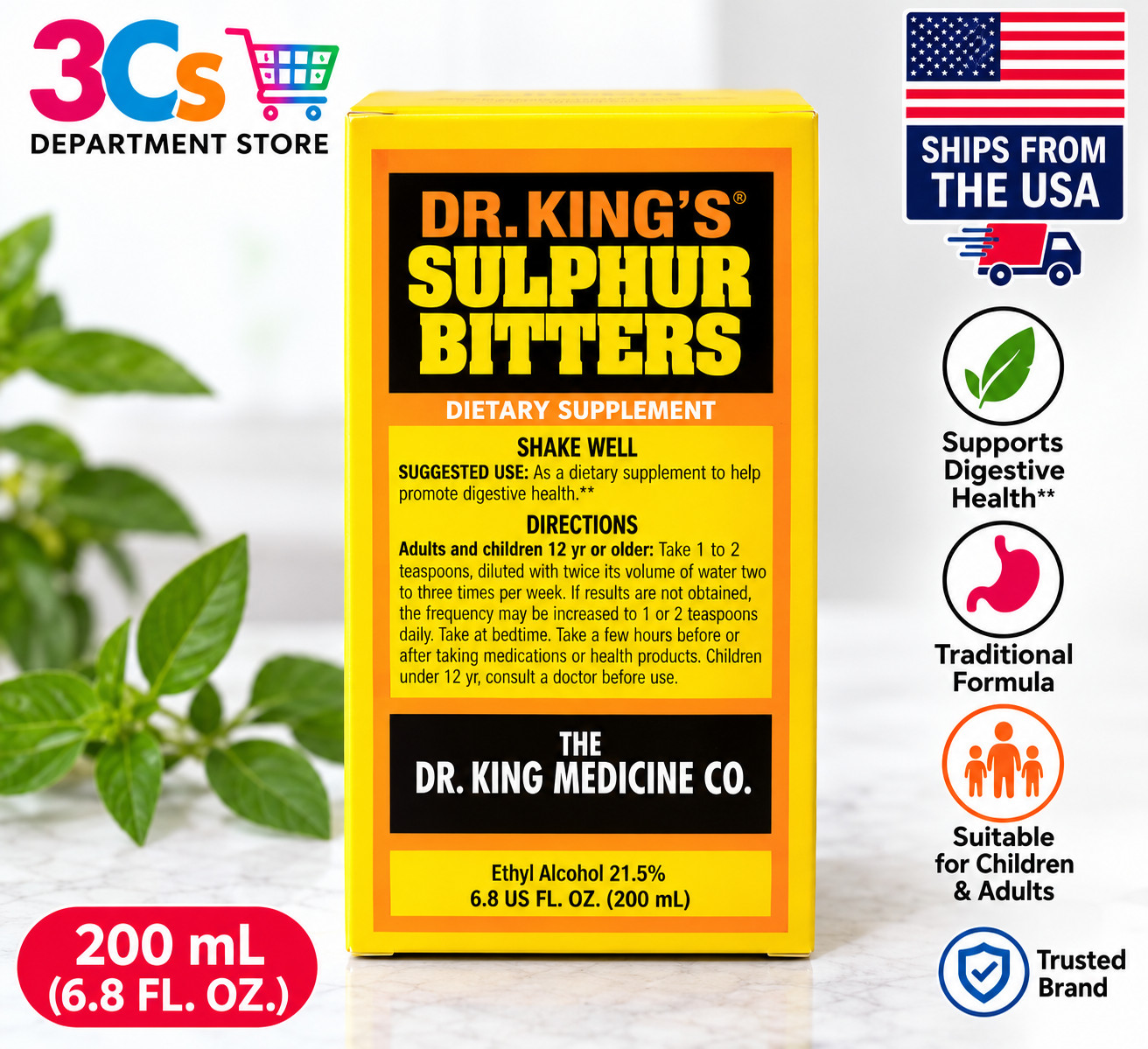 Dr King\'s Sulphur Bitters, Dietary Supplement 200 ml 6.8 oz- expire 12/31/2028