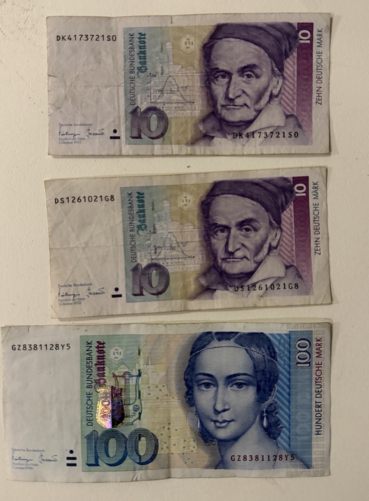 Germany Deutsche Bundesbank 1993 Banknotes: 2x 10 DM & 1x 100 DM Lot