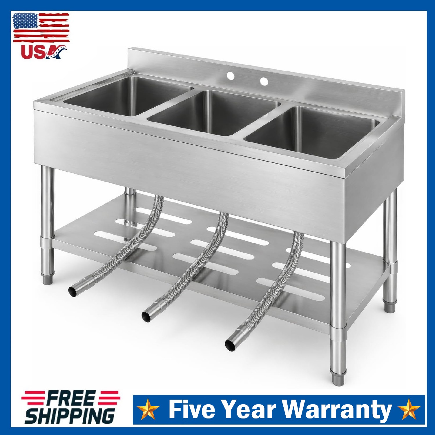 Commercial Kitchen Sink ,Freestanding 3-Compartment Stainless Steel Utility Sink